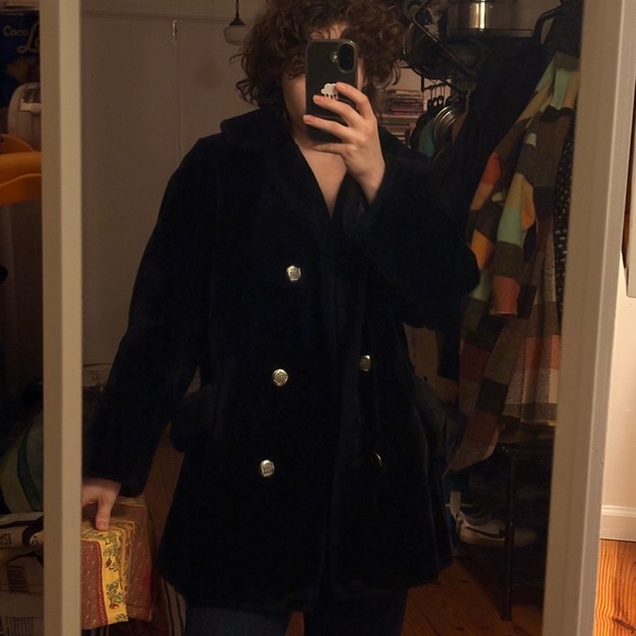 Oversized Black Faux-Fur Double-Breasted Coat - Picture 2 of 2